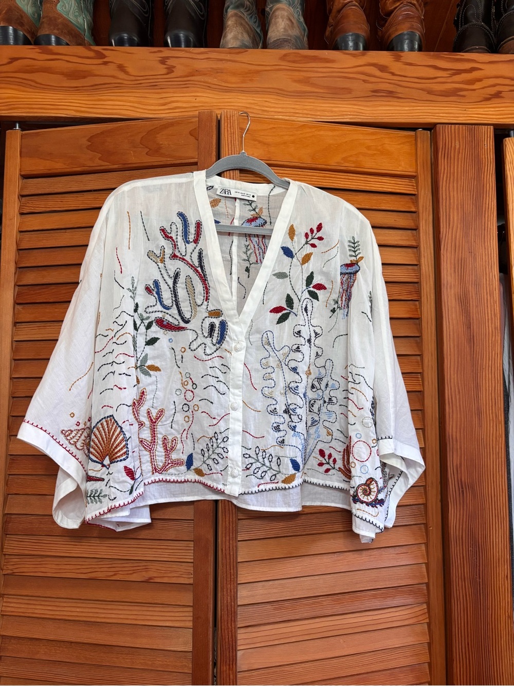 Zara White Embroidered Botanical & Sea Motif Blouse